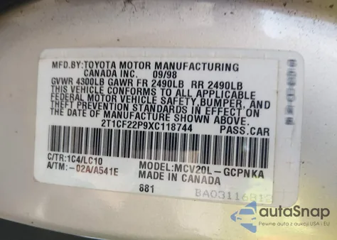 1999 Toyota Camry Solara Sle из США, поврежденный, VIN 2T1CF22P9XC118744